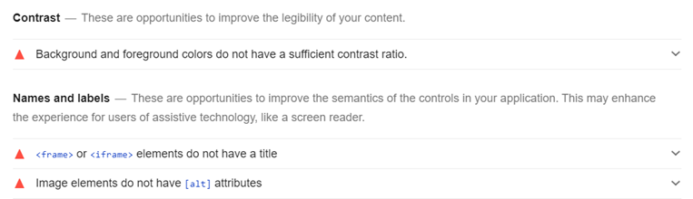 Screenshot of accessibility failure details shown on a Lighthouse report